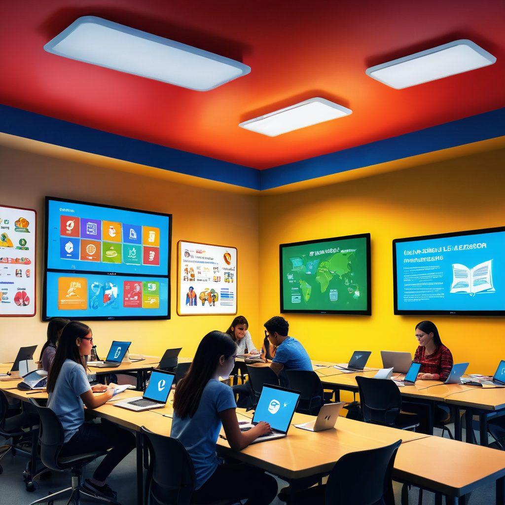 A modern online classroom scene, showcasing a diverse group of students engaging with digital devices, surrounded by icons representing e-learning, insurance, and language proficiency. Include a warm, inviting atmosphere with bright colors, books, and interactive screens displaying various languages. Emphasize connectivity and a dynamic learning experience. super-realistic. vibrant colors. 3D.