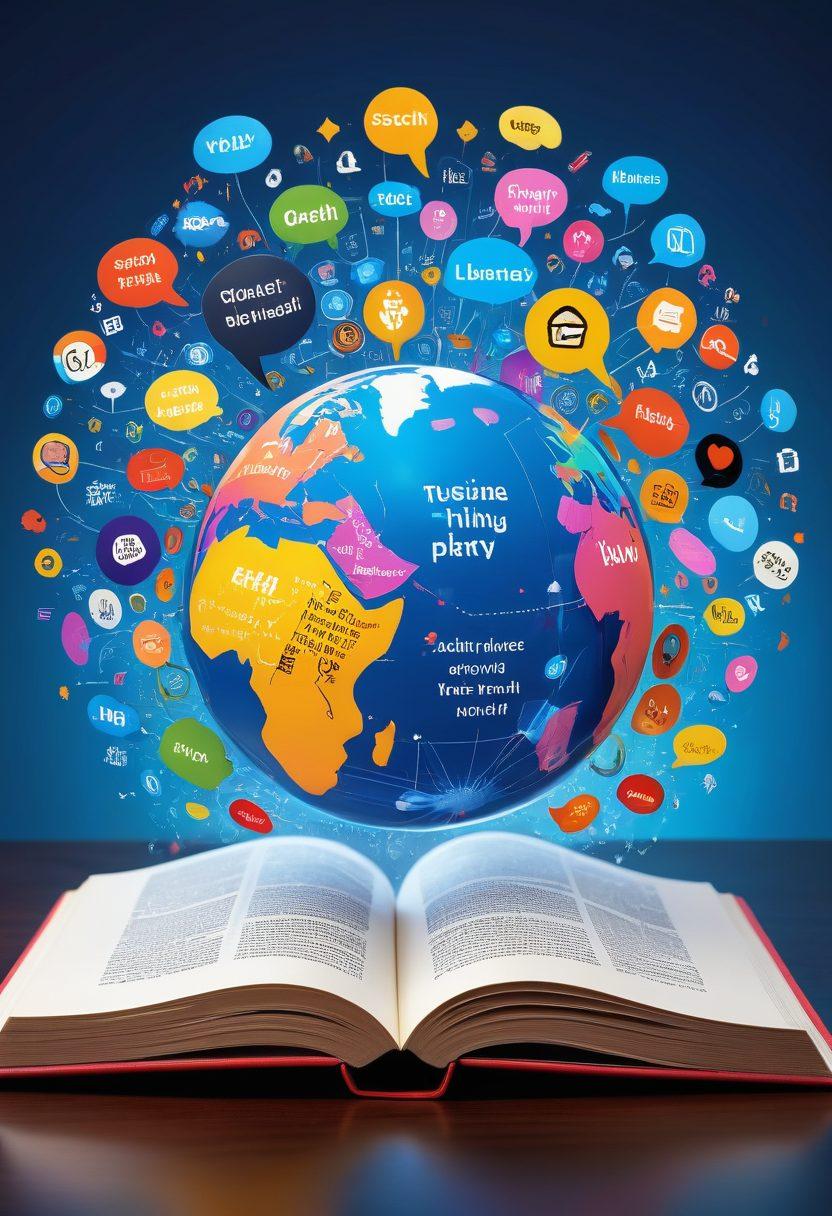 An open book with English vocabulary words related to insurance surrounded by floating speech bubbles showcasing diverse people communicating confidently. Include elements of digital communication like chat icons and a globe to symbolize international reach. The scene is set on a bright, colorful background to signify positivity and growth. super-realistic. vibrant colors. 3D.