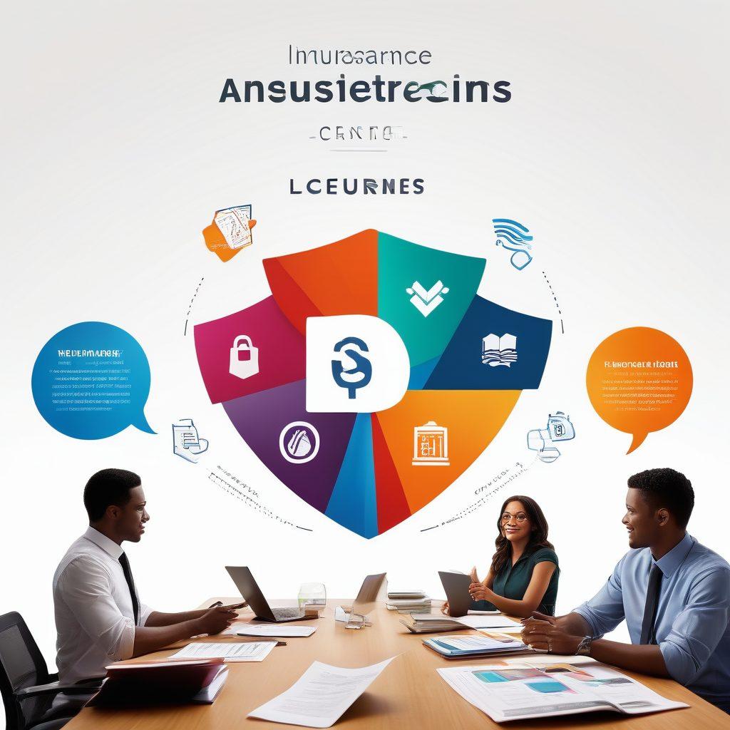 A split-image design showing a vibrant insurance office on one side with agents discussing policies, and on the other side, an engaging English classroom with students learning. Overlay icons of insurance symbols (like a shield and cash) and English elements (like books and speech bubbles) that merge in the middle. Use bright colors to convey a sense of mastery and collaboration. super-realistic. vibrant colors. white background.